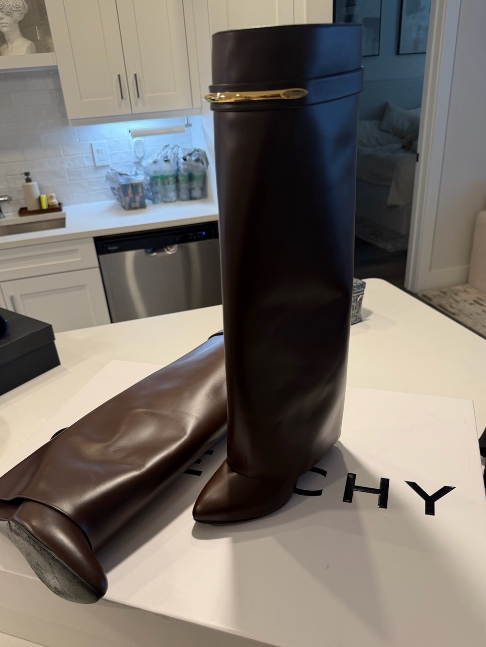 Givenchy Brown Leather Tall Boots with Gold Accent